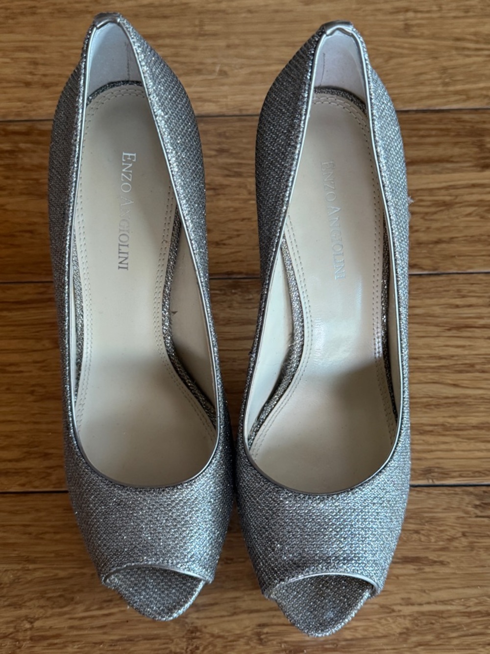 Enzo Angiolini Glitter Peep-Toe Pumps in Shimmering Silver